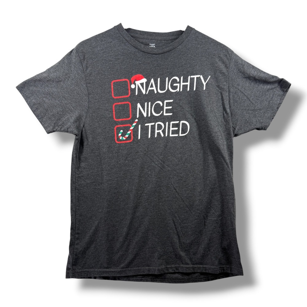 Holiday Time Mens Christmas Graphic T-Shirt Charcoal Grey Naughty Nice I Tried M